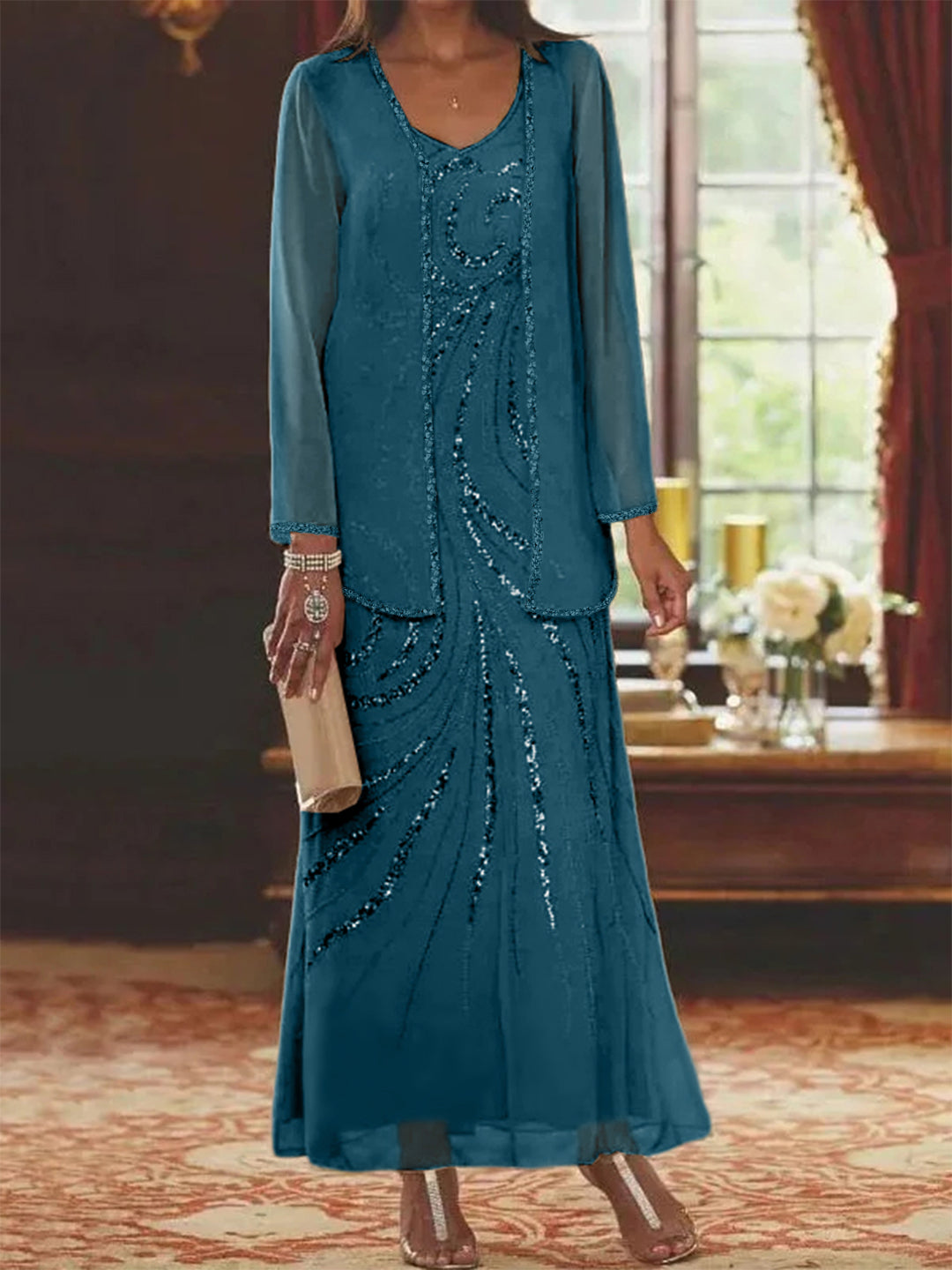 Robe Femme Élégante Longue Avec Veste Paillettes Col V Style Soirée Mariage