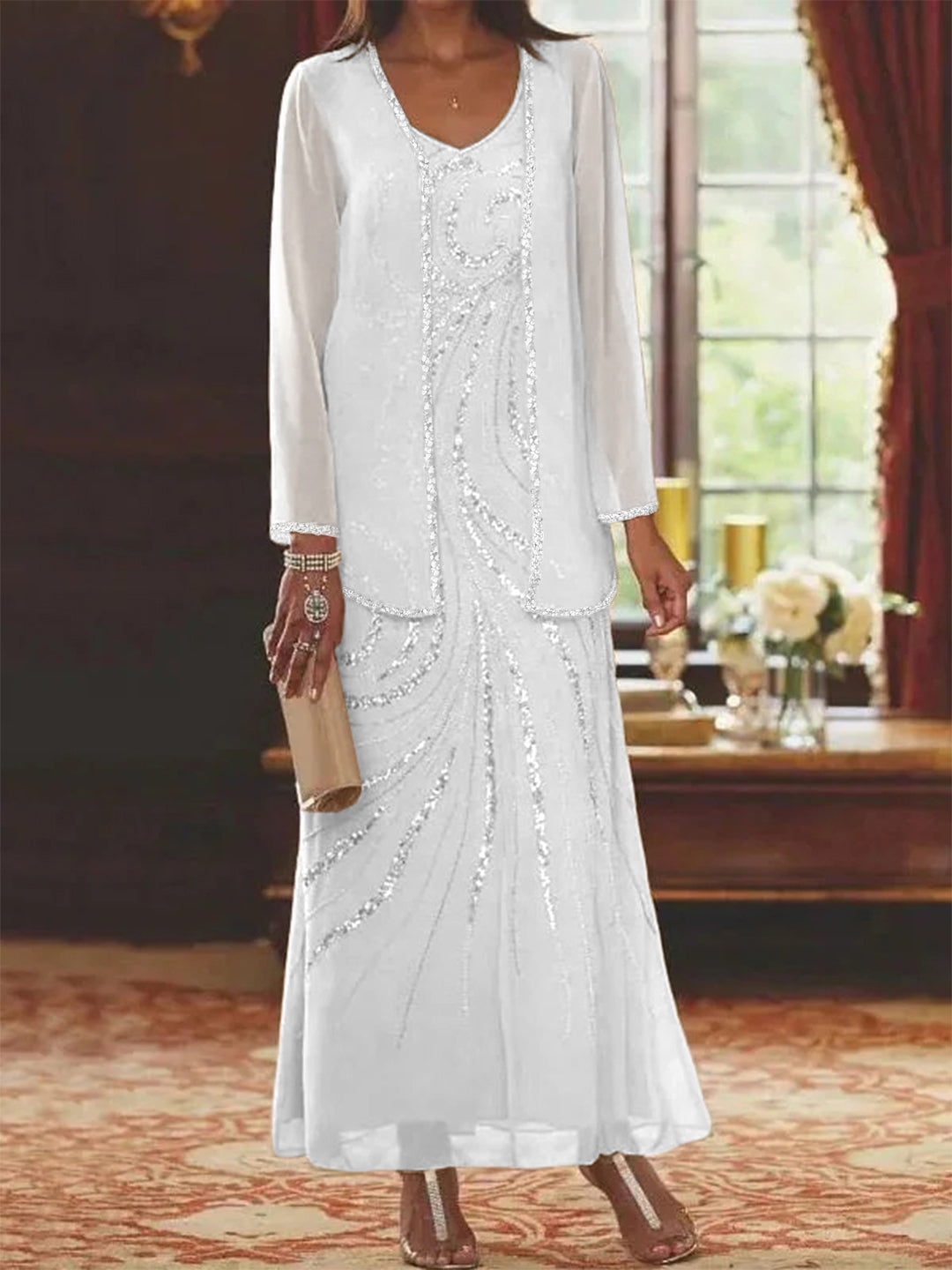 Robe Femme Élégante Longue Avec Veste Paillettes Col V Style Soirée Mariage