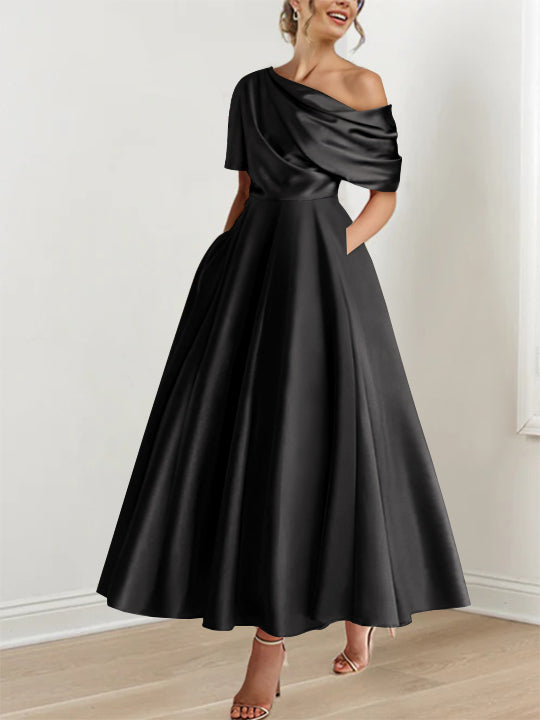 Robe Femme Élégante A-Line Épaule Dénudée Satin Volants Longueur Cheville