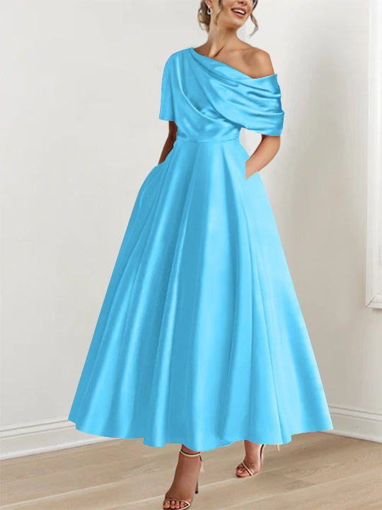 Robe Femme Élégante A-Line Épaule Dénudée Satin Volants Longueur Cheville