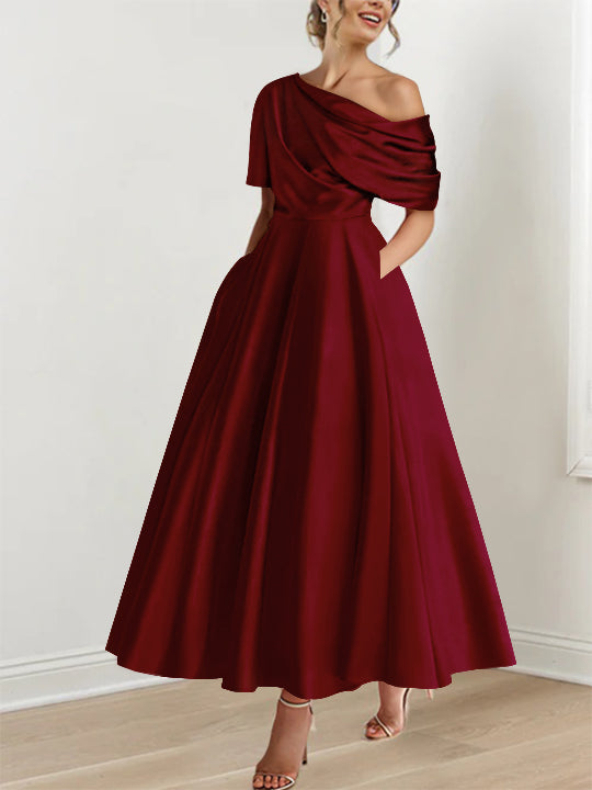 Robe Femme Élégante A-Line Épaule Dénudée Satin Volants Longueur Cheville