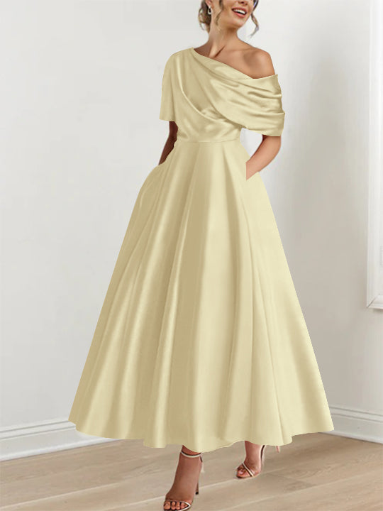 Robe Femme Élégante A-Line Épaule Dénudée Satin Volants Longueur Cheville