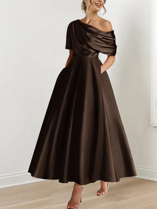 Robe Femme Élégante A-Line Épaule Dénudée Satin Volants Longueur Cheville