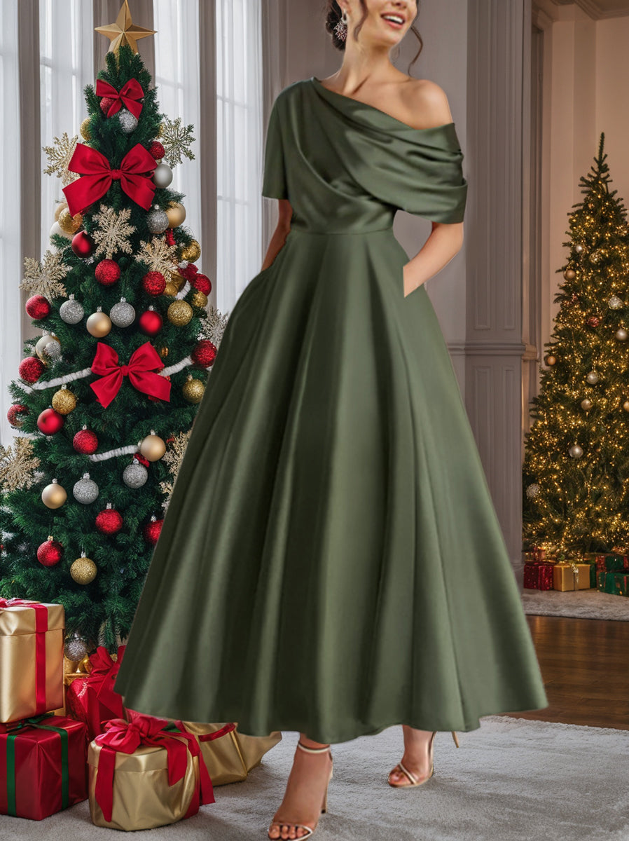 Robe Femme Élégante A-Line Épaule Dénudée Satin Volants Longueur Cheville