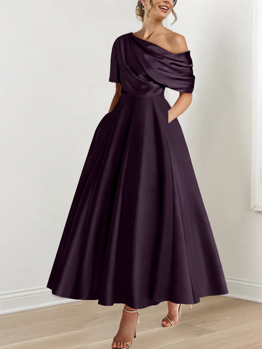 Robe Femme Élégante A-Line Épaule Dénudée Satin Volants Longueur Cheville