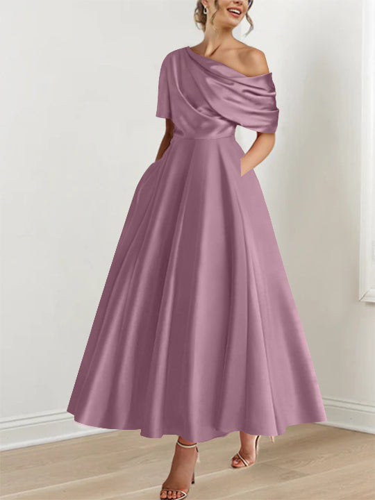 Robe Femme Élégante A-Line Épaule Dénudée Satin Volants Longueur Cheville