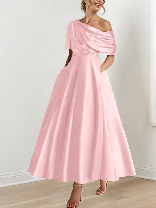 Robe Femme Élégante A-Line Épaule Dénudée Satin Volants Longueur Cheville
