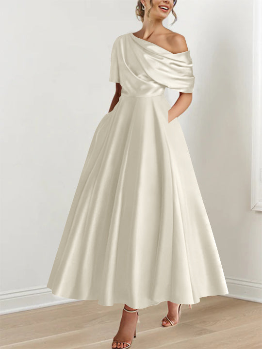 Robe Femme Élégante A-Line Épaule Dénudée Satin Volants Longueur Cheville