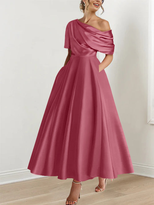 Robe Femme Élégante A-Line Épaule Dénudée Satin Volants Longueur Cheville