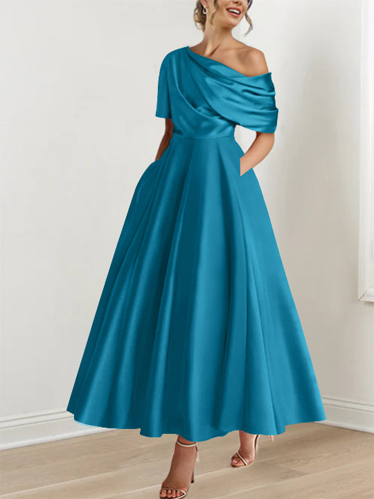 Robe Femme Élégante A-Line Épaule Dénudée Satin Volants Longueur Cheville