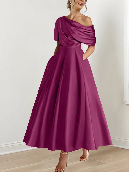 Robe Femme Élégante A-Line Épaule Dénudée Satin Volants Longueur Cheville