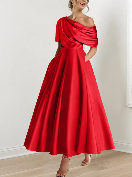 Robe Femme Élégante A-Line Épaule Dénudée Satin Volants Longueur Cheville