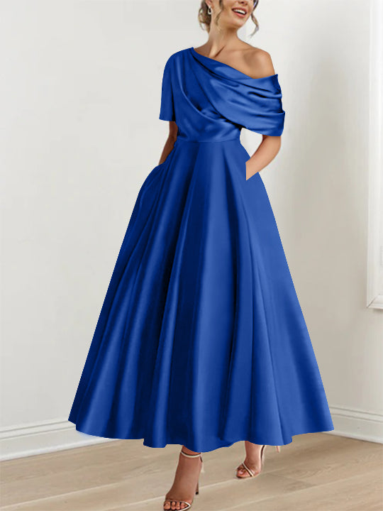 Robe Femme Élégante A-Line Épaule Dénudée Satin Volants Longueur Cheville