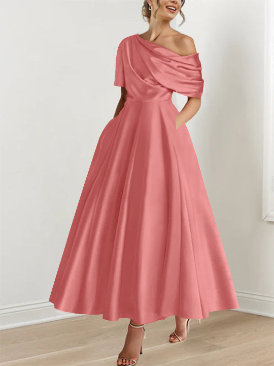 Robe Femme Élégante A-Line Épaule Dénudée Satin Volants Longueur Cheville