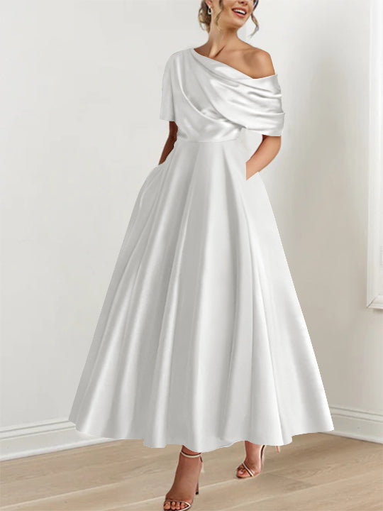 Robe Femme Élégante A-Line Épaule Dénudée Satin Volants Longueur Cheville