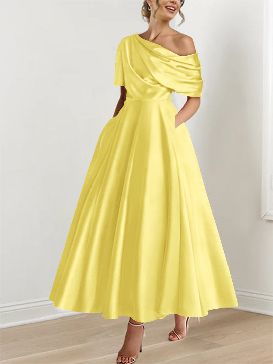 Robe Femme Élégante A-Line Épaule Dénudée Satin Volants Longueur Cheville