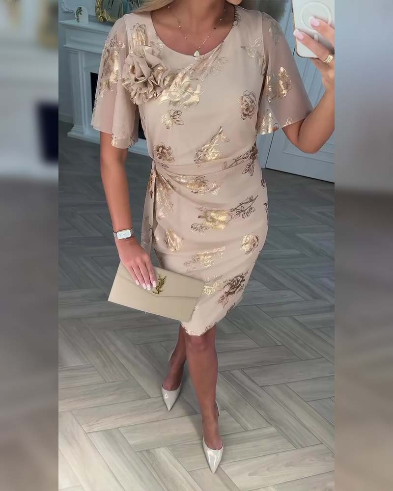 Robe midi femme fleurie élégante à taille cintrée et manches courtes