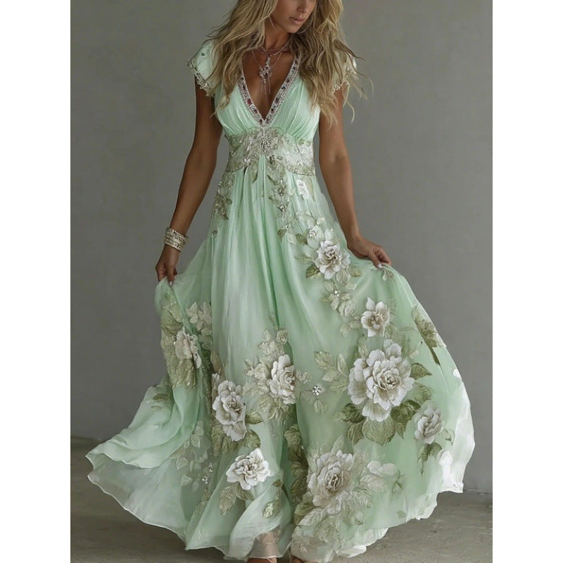 Robe longue femme en chiffon avec broderies florales