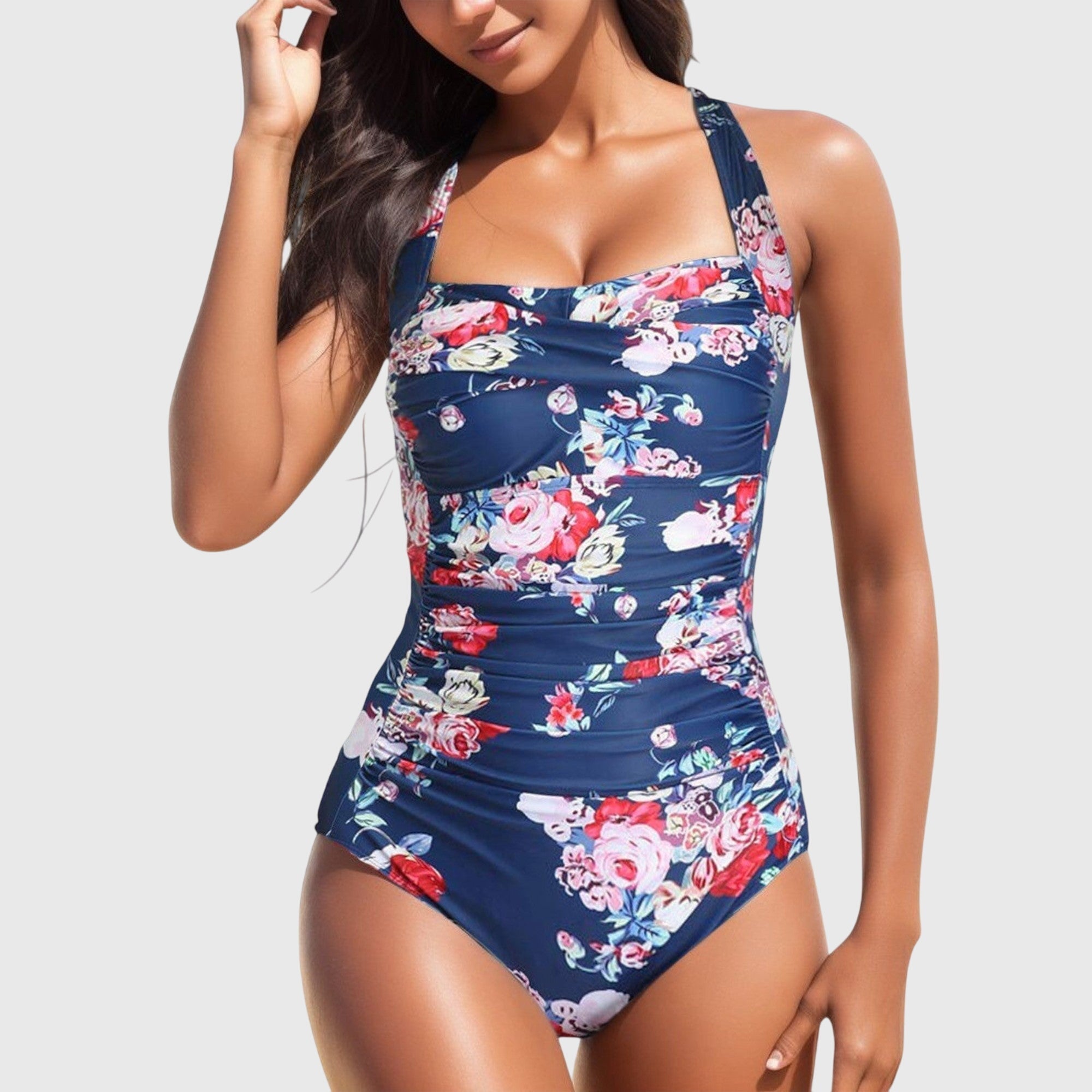 Maillot de bain une pièce femme imprimé tropical froncé col carré maintien