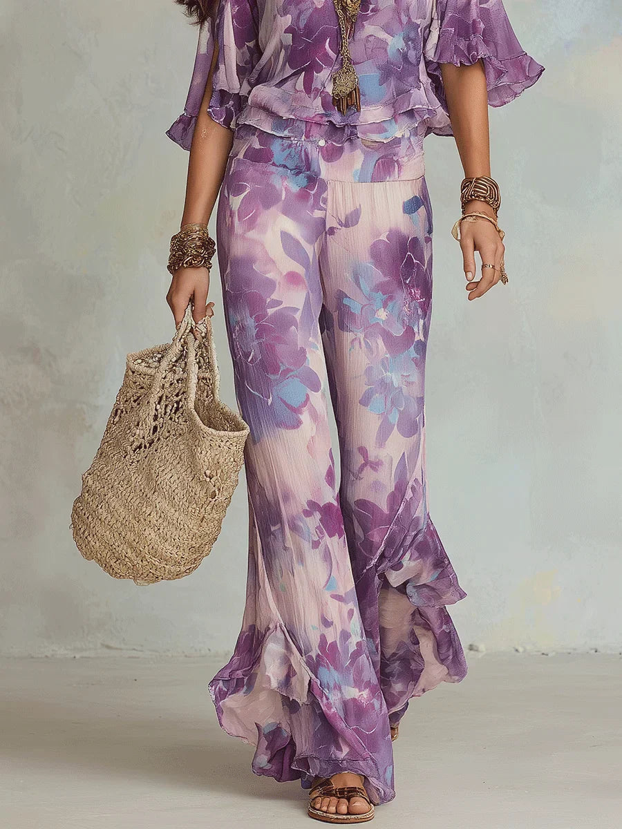 Ensemble Deux Pièces Femme Floral Top Épaules Dénudées Pantalon Évasé Volants