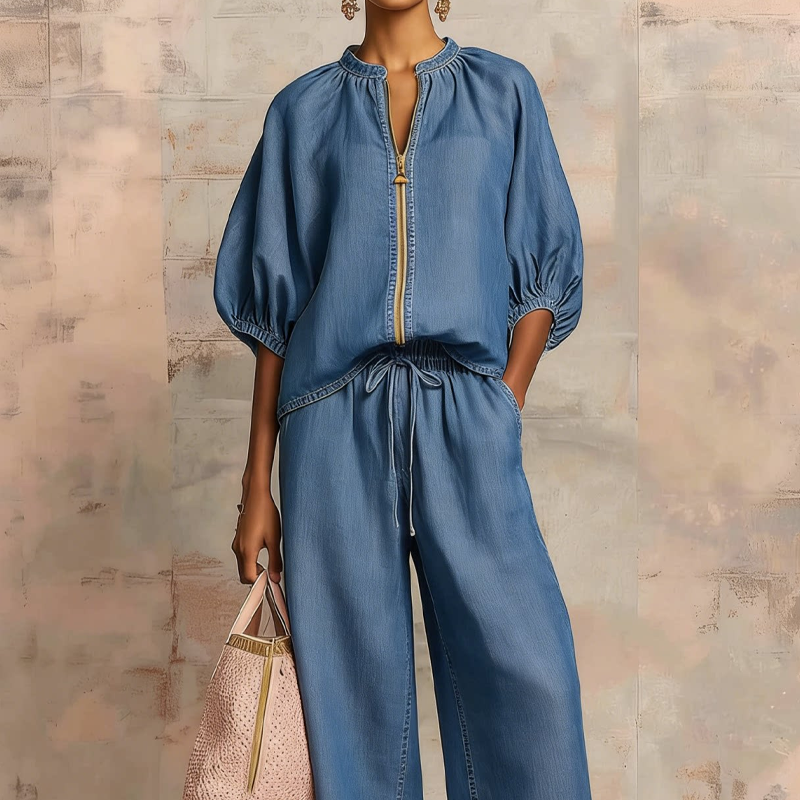Ensemble femme fluide avec blouse à zip et pantalon large confortable
