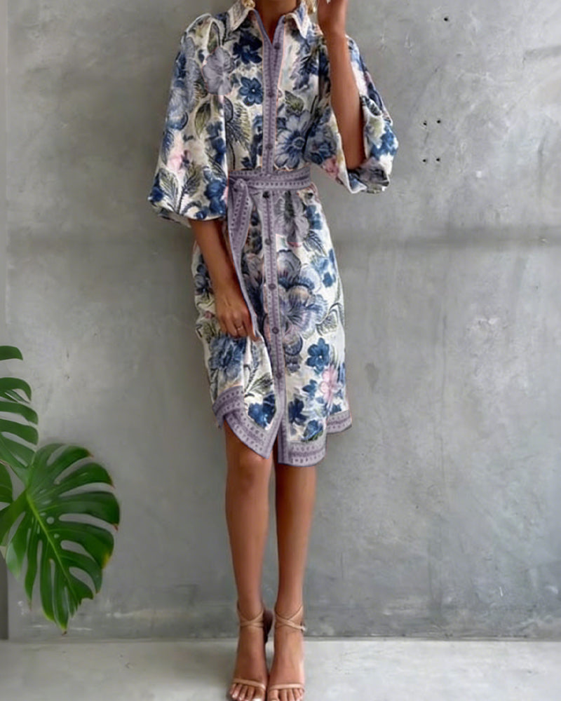Robe Fleurie Élégante Femme à Manches Lanternes et Boutons