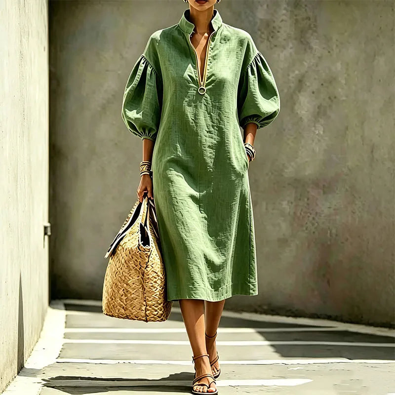 Robe femme fluide à manches bouffantes avec col zippé