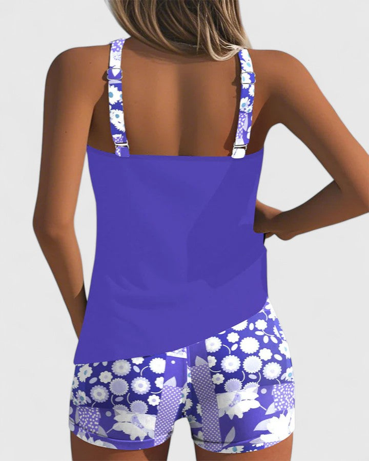 Tankini Deux Pièces Femme Top Uni Short Floral Dos Nageur Sportif
