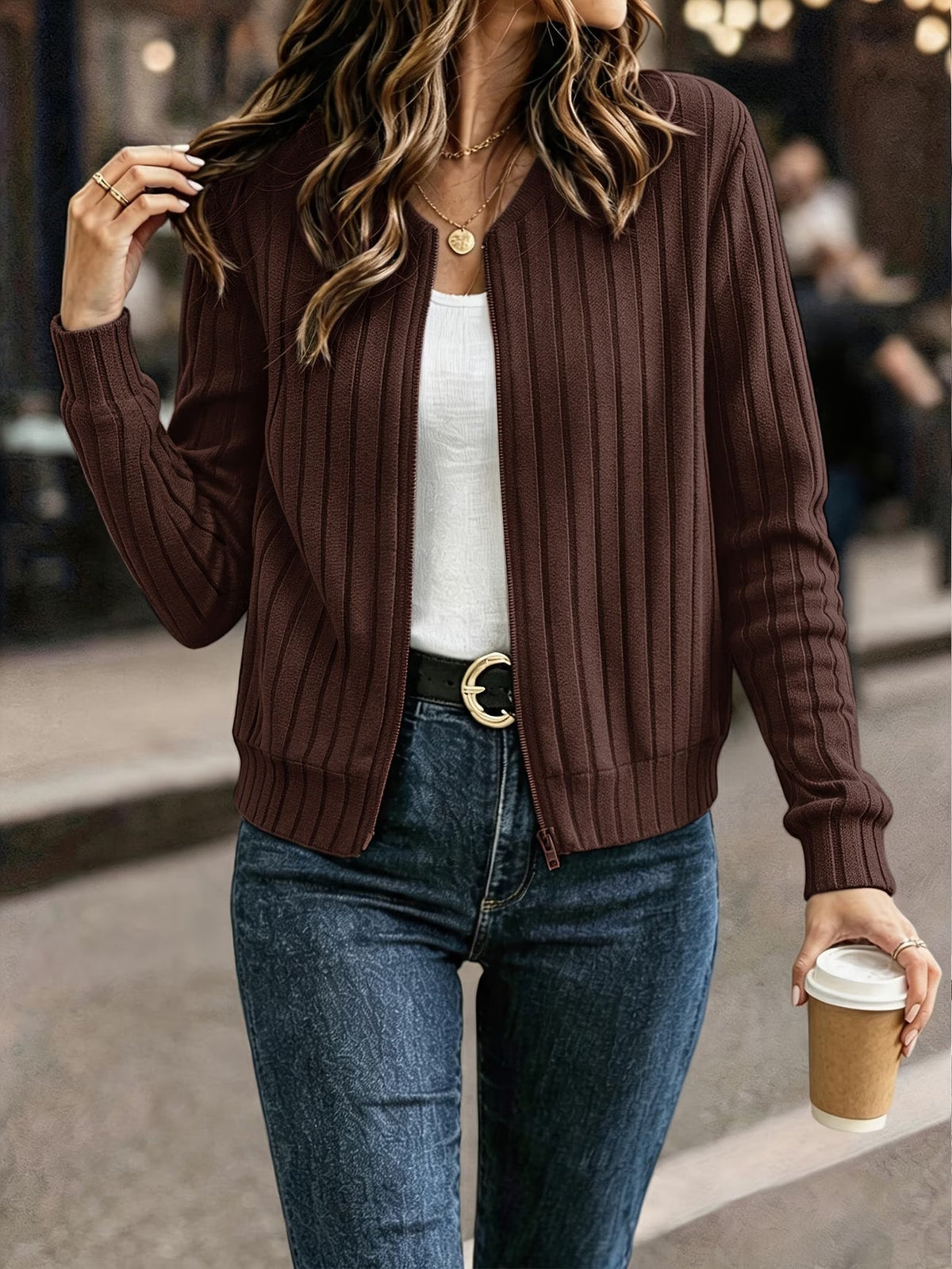 Cardigan femme côtelé avec fermeture zippée