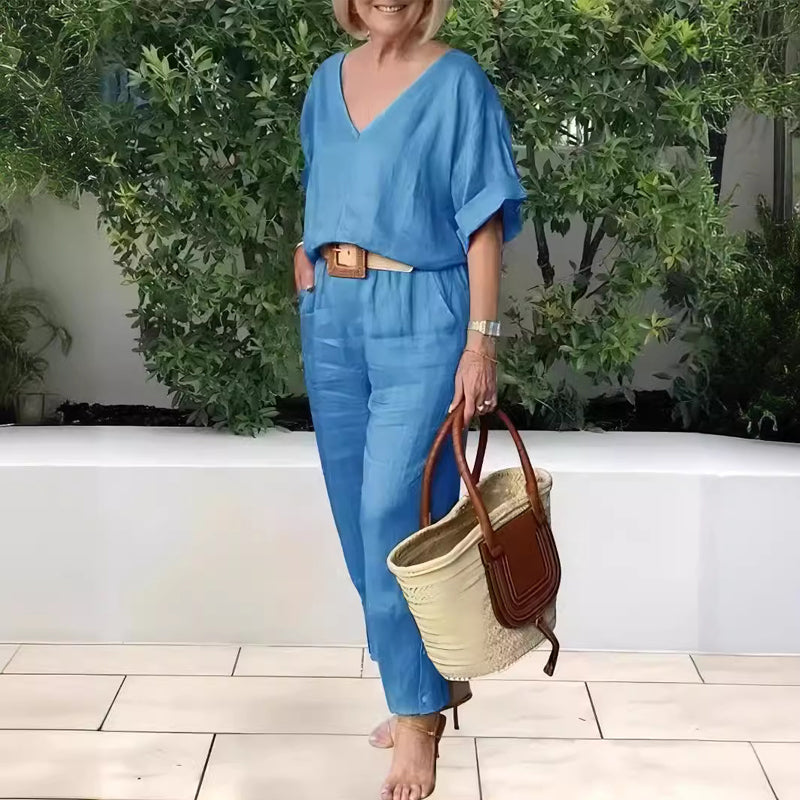 Ensemble Femme Col V Pantalon Ample Style Décontracté
