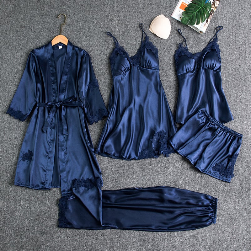 Elyssara™ - Ensemble De Nuit En Satin Glacé 5 Pièces Pour Femme