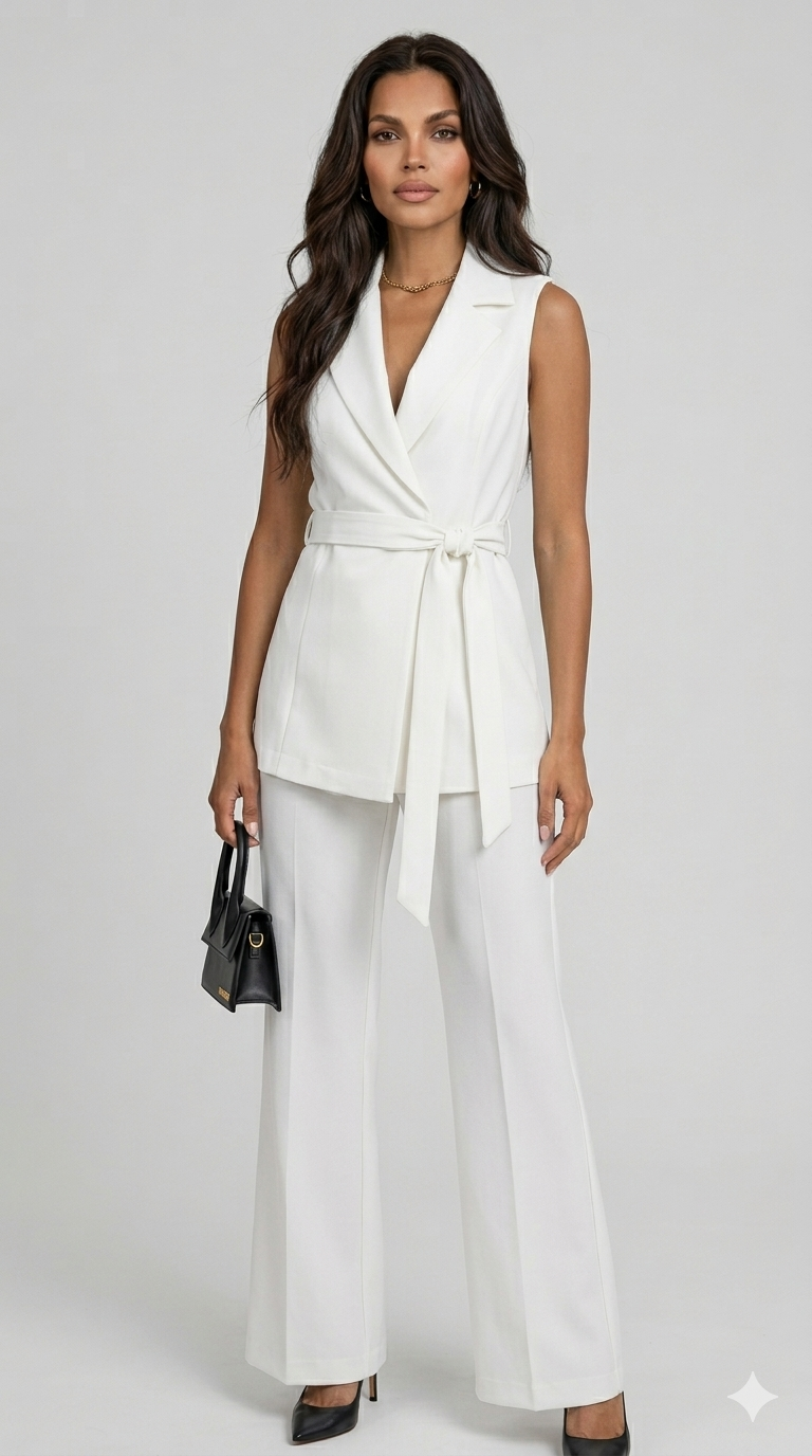 Ensemble Femme Élégant Deux Pièces Blazer Sans Manches et Pantalon Large
