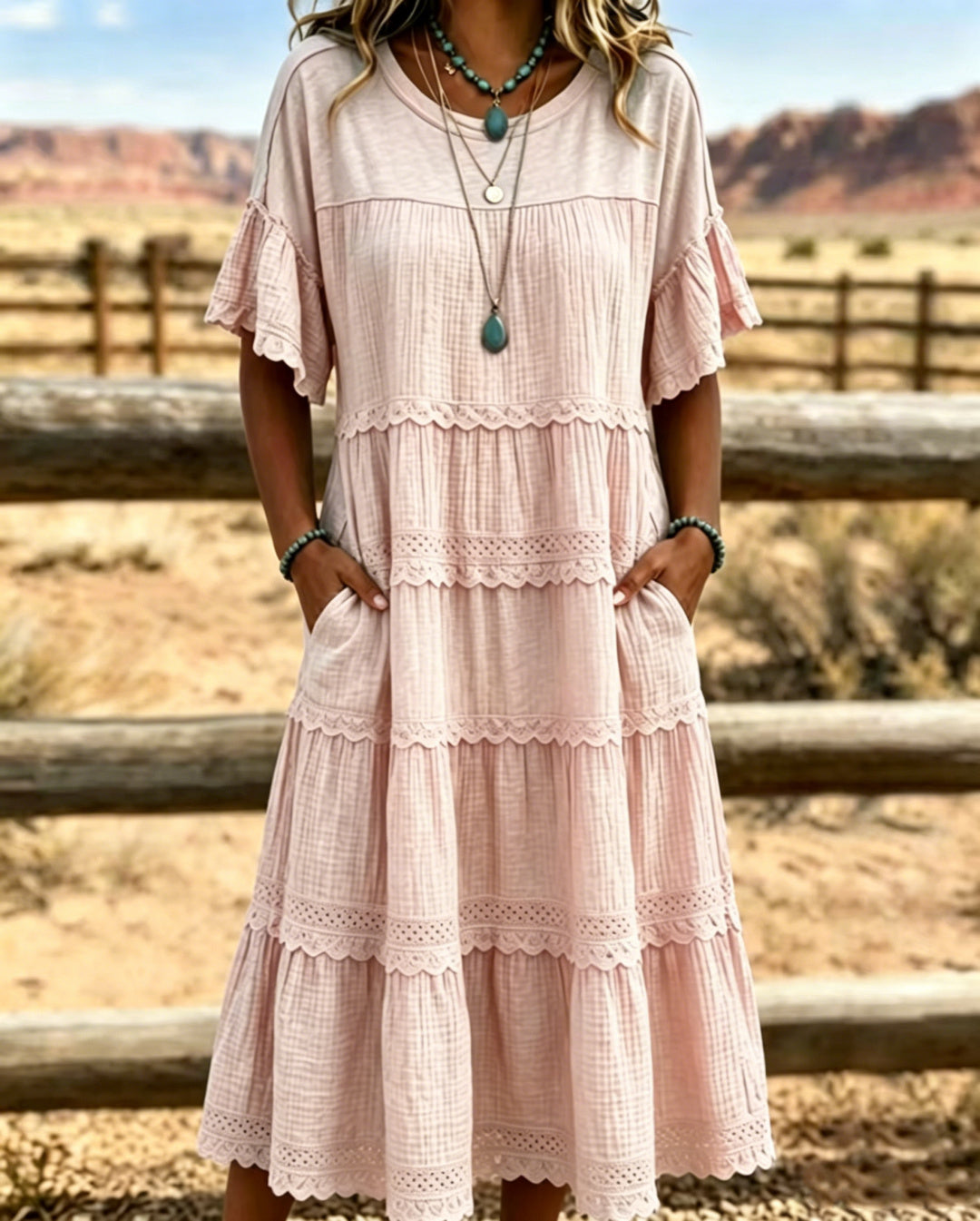 Robe femme midi en coton et lin avec volants délicats