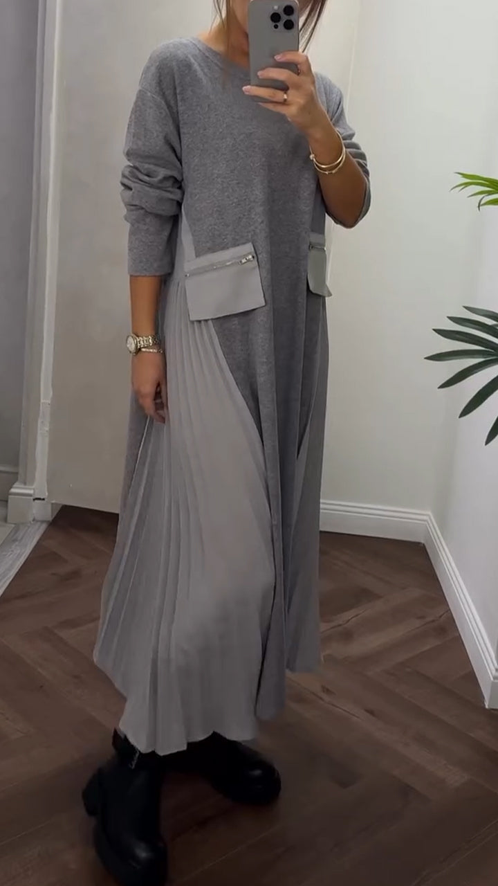 Robe longue femme plissée fluide col rond manches longues avec poches décontractée chic