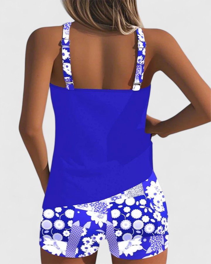 Tankini Deux Pièces Femme Top Uni Short Floral Dos Nageur Sportif