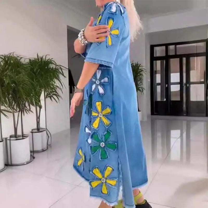 Robe Femme Décontractée Coupe Ample Col Rond Imprimé Floral Style Casual