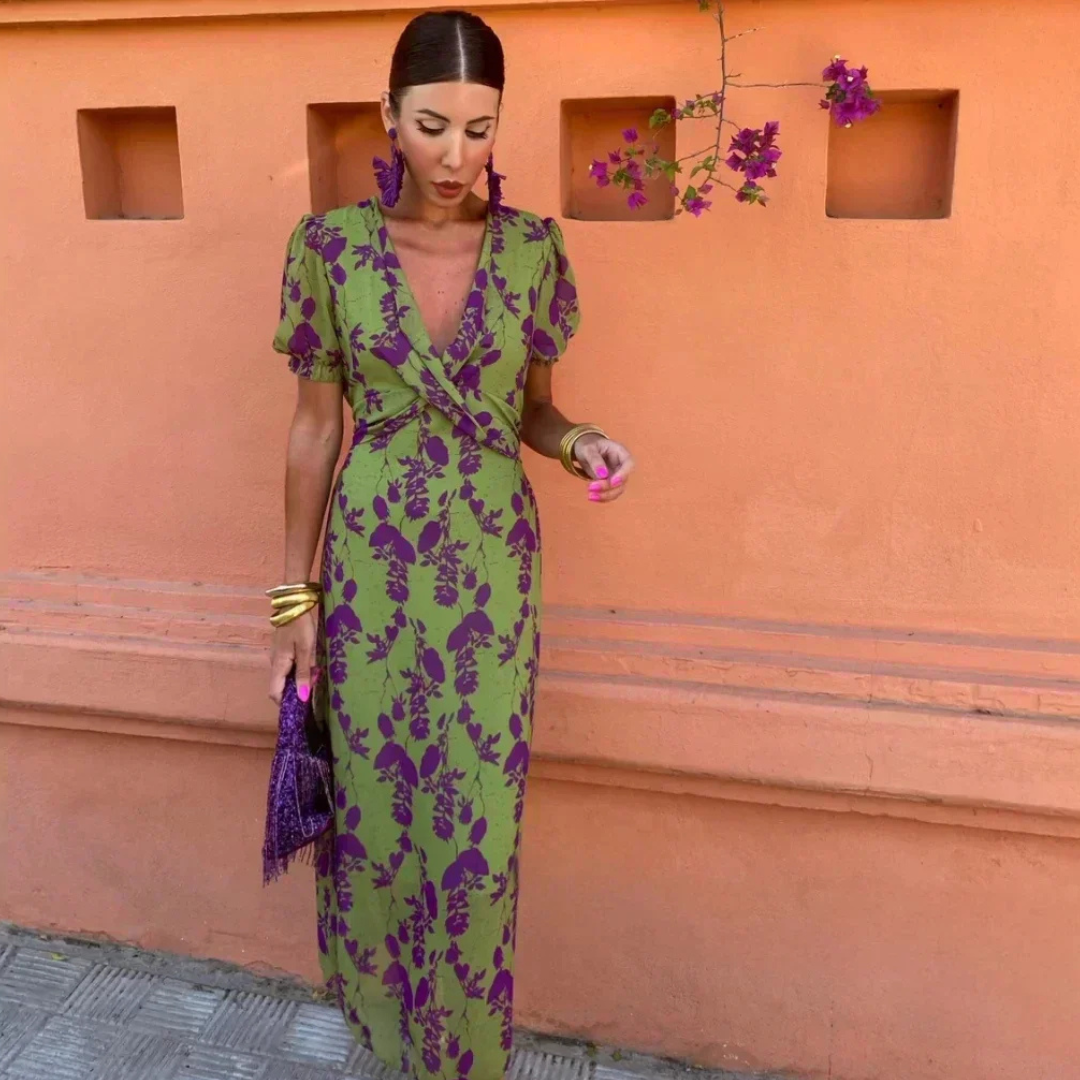 Robe femme longue fluide imprimée col V croisé manches courtes élégante été