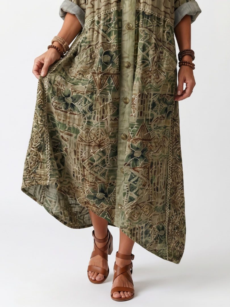 Robe midi bohème femme boutonnée à imprimé floral