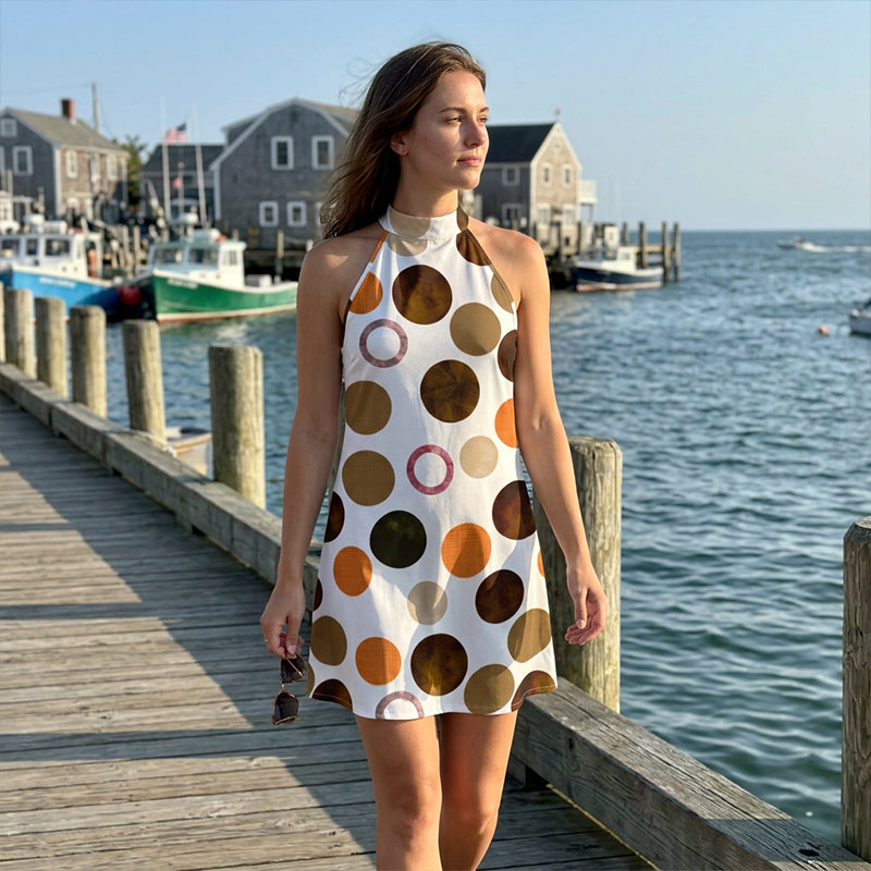 Robe courte femme à pois graphiques et col halter