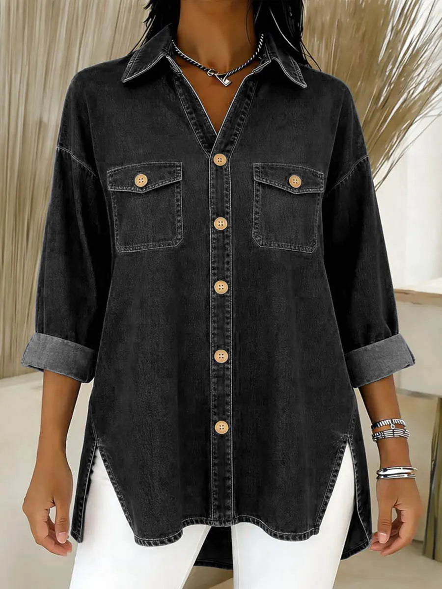 Chemise longue femme en denim à coupe ample et poches