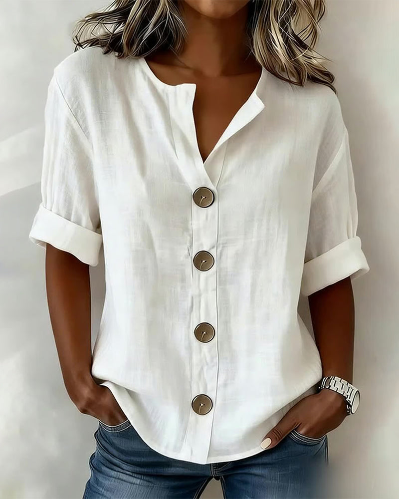 Blouse Femme Coton Ample Manches Courtes Boutonnée Coupe Décontractée