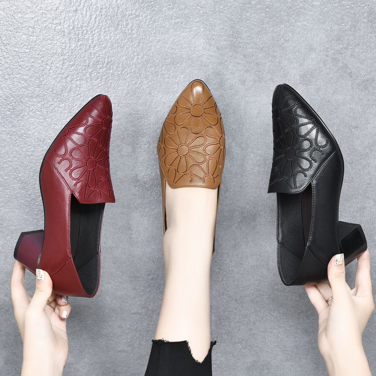 Escarpins Femme Cuir Véritable Brodé Talon Confortable Usage Quotidien