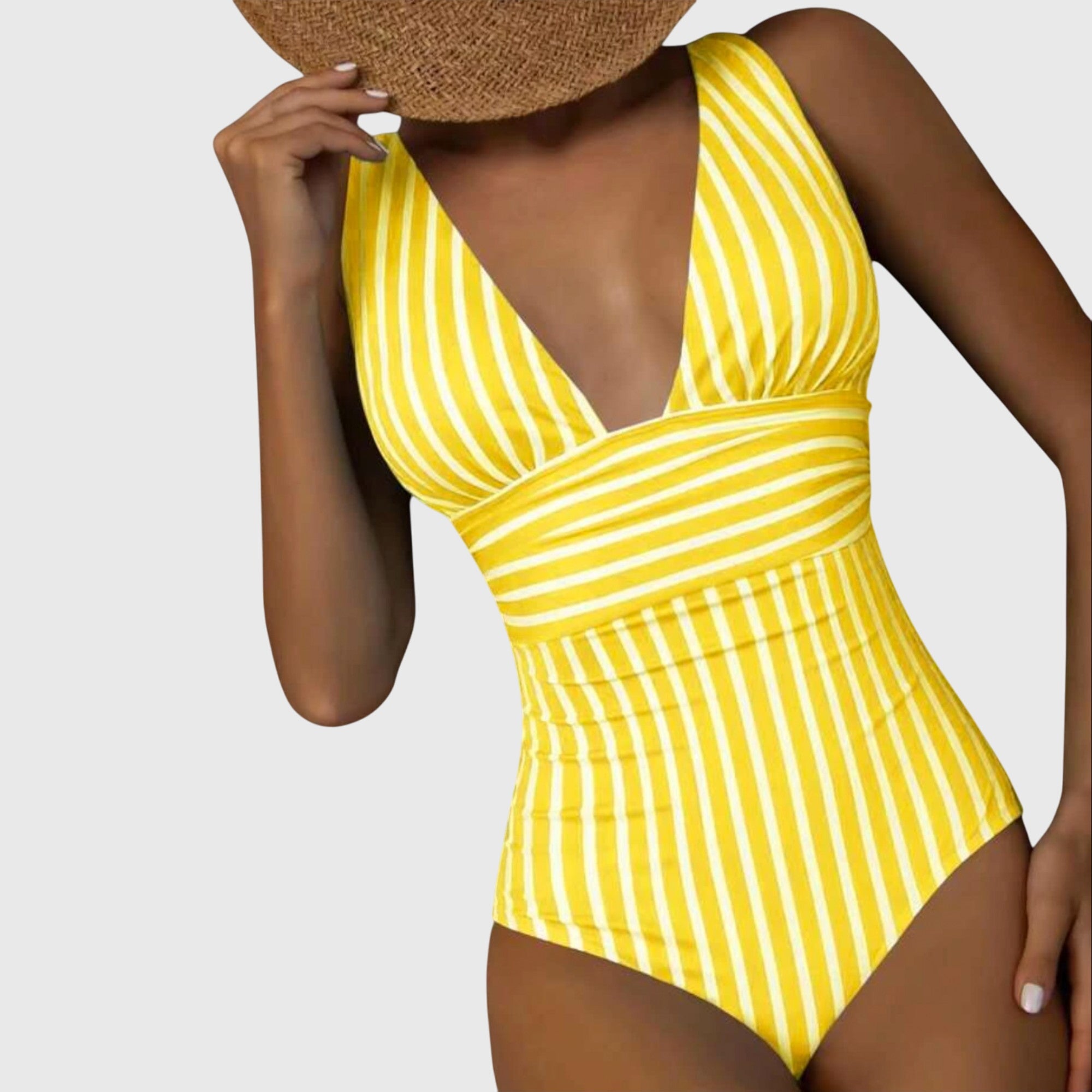 Maillot de bain une pièce femme col V plongeant rayures ceinture croisée gainant