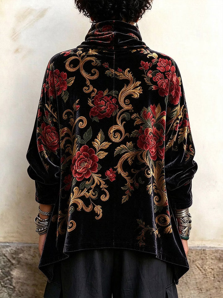 Haut en velours femme à col drapé et imprimé floral vintage