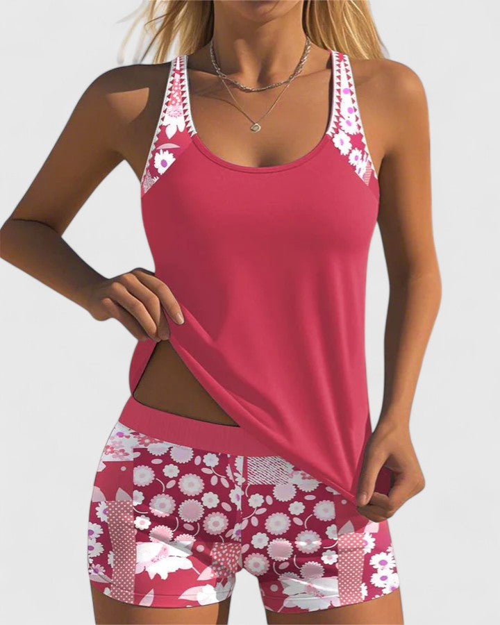 Tankini Deux Pièces Femme Top Uni Short Floral Dos Nageur Sportif