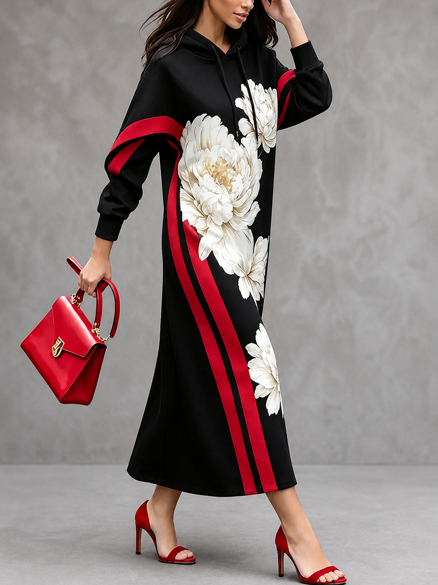 Robe longue femme à capuche et imprimé floral