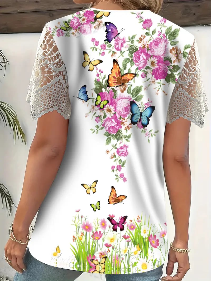 Haut femme floral à décolleté en V et manches en dentelle
