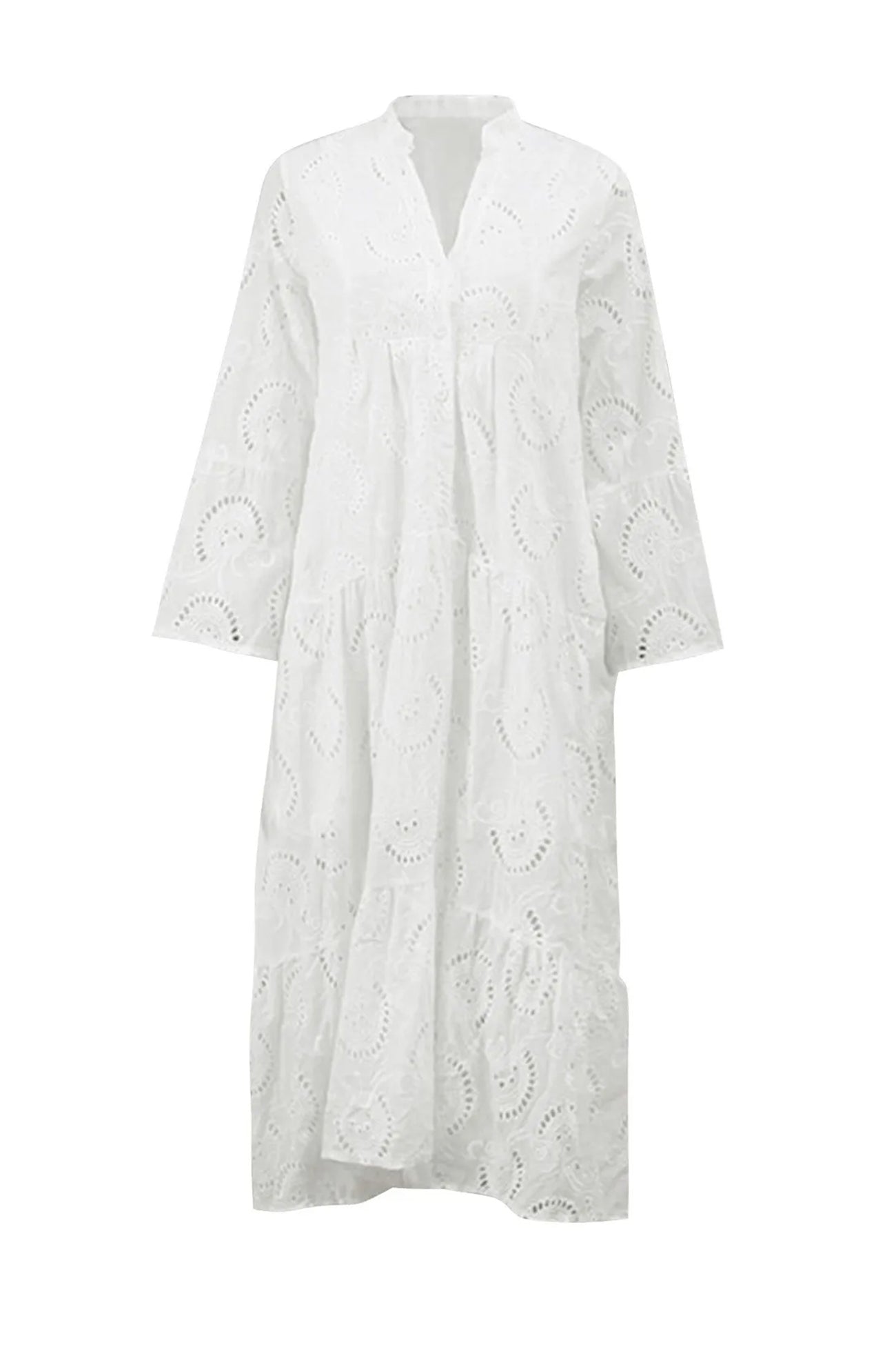 Robe longue femme coton brodé col V manches évasées fluide été bohème