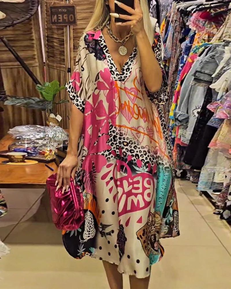 Robe Femme Imprimé Léopard Coloré Coupe Ample Col V Style Décontracté