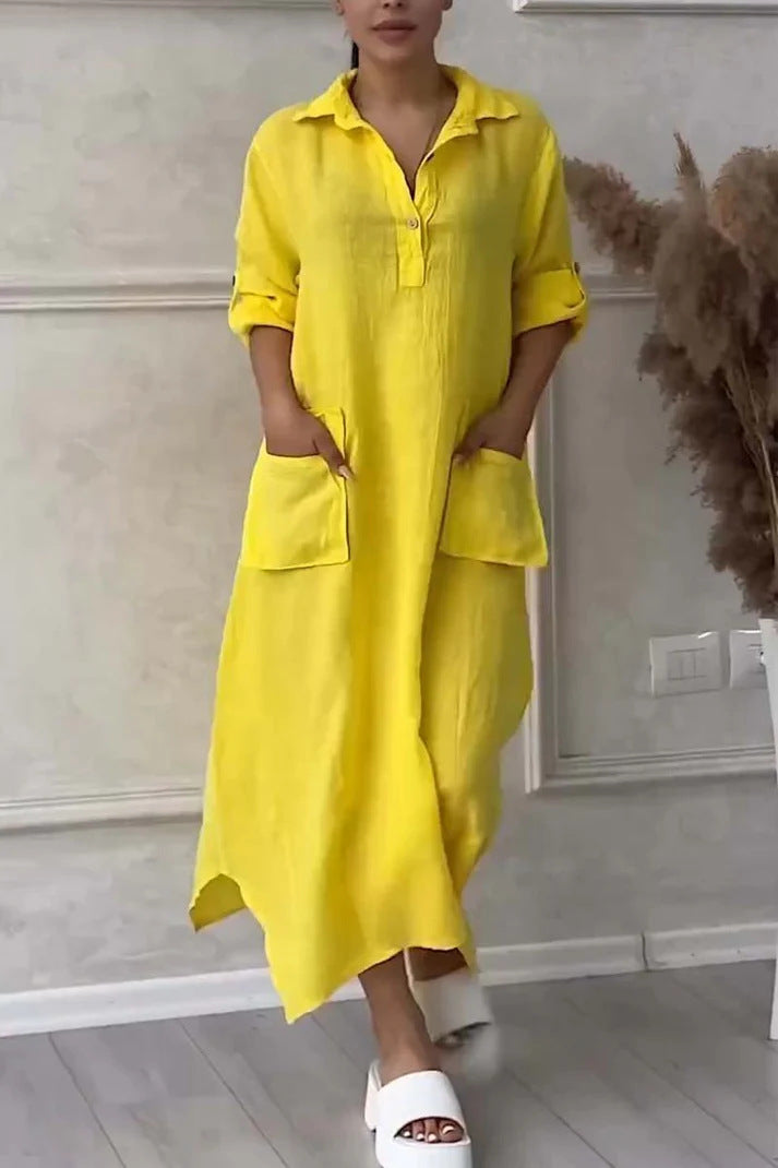 Robe Longue Femme Lin Coton Coupe Ample Col Revers Poches Style Décontracté